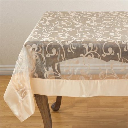 SARO LIFESTYLE SARO 6021.CH80S 80 in. Greek Key Square Flocked Design Satin Border Sheer Tablecloth - Champagne 6021.CH80S
